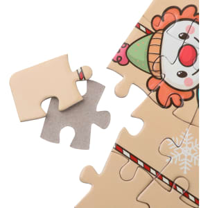 A custom jigsaw puzzle featuring a clown design, with one piece removed, showcasing pastel colours.