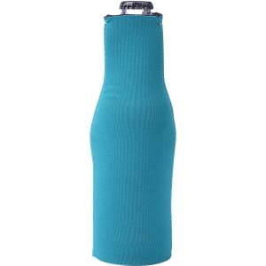 A drink bottle cooler in a vibrant teal colour, designed with a fitted zippered cover. Features a logo.