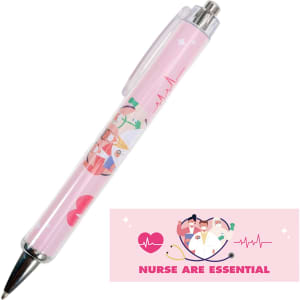 A pink ballpoint pen featuring colourful illustrations and a branding logo.