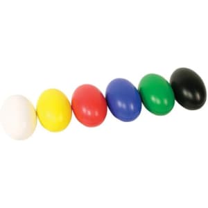 A set of six smooth, oval stress balls in white, yellow, red, blue, green, and black, arranged in a row.