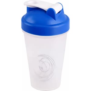 A drink bottle with a transparent body and a blue lid, featuring a logo on the side.