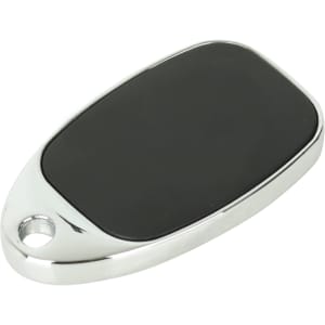 A sleek silver sliding epoxy doming flash drive with a black top and a keyring hole.