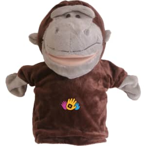 A plush monkey hand puppet in brown and grey, featuring a playful expression and a logo on its chest.