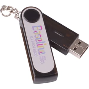 A black and silver flash drive with a keychain attachment, featuring a logo and an opening mechanism.