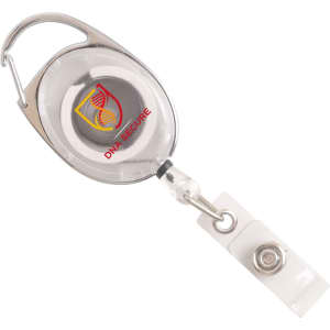 A retractable oval card holder in silver, featuring a clear strap and a logo on the front.