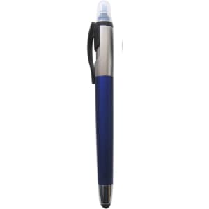 A blue ball pen with a highlighter tip and a stylus end, featuring a silver metal clip and accents.