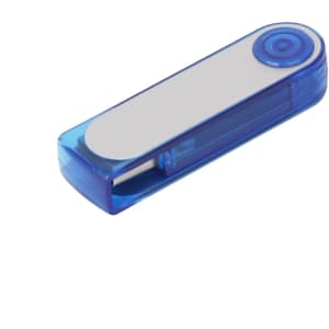 A blue Festin flash drive with a clear casing and a transparent cover. It features a button on one end and branding.