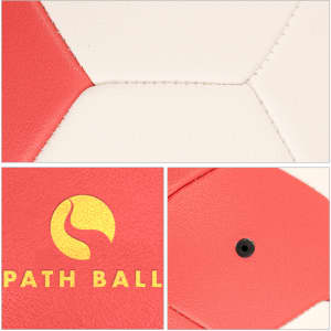 A machine-stitched handball in white and red with a logo and a black valve.