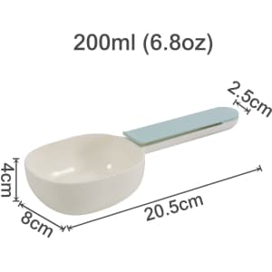 A 2 in 1 pet food scoop in beige and light blue, with measurements displayed alongside it.