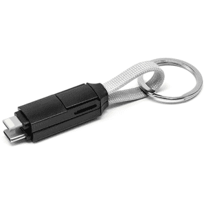 A black 60W 3-in-1 ABS charging cable with a silver keyring attached.