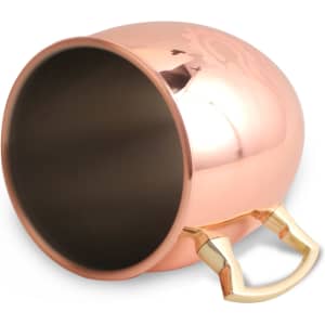 A copper Moscow Mule mug with a brass handle, featuring a shiny finish and rounded design.