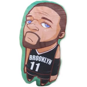 A custom pillow featuring a cartoon character in a black sports jersey with green edges. It includes a logo.