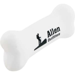 A white bone-shaped stress reliever with a logo, designed for fun and stress relief.