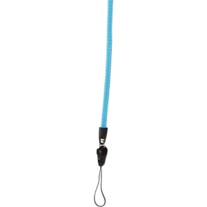 A blue zipper lanyard with a black attachment and a loop at the end. It features a branding logo.