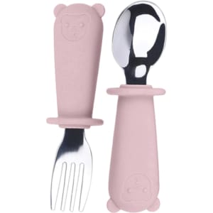 A pink silicone and stainless steel kids' cutlery set featuring a fork and spoon, each with a bear-shaped handle.