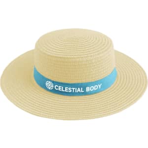 A straw hat in a natural beige colour, featuring a light blue ribbon and a logo.