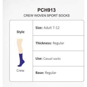 A pair of purple crew woven sport socks with a regular thickness, suitable for adults sizes 7-12.