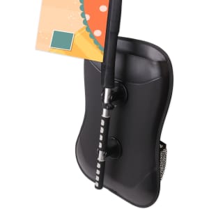 A black Feather Backpack Flag with a pole for attaching promotional graphics. The design features a colourful banner.