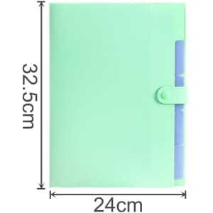An A4 expandable file folder in mint green, featuring a tabbed closure and multiple sections for organisation.