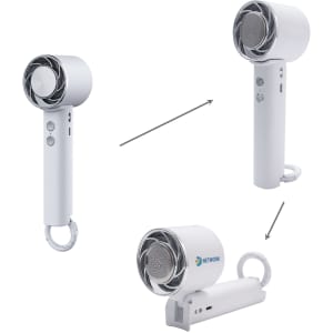 A personal cooling fan in white with a sleek design, featuring a circular fan head and a ring for easy carrying.