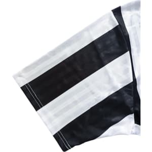 A loose-fitting unisex polo jersey in black and white stripes, made from 100% polyester, featuring a logo.
