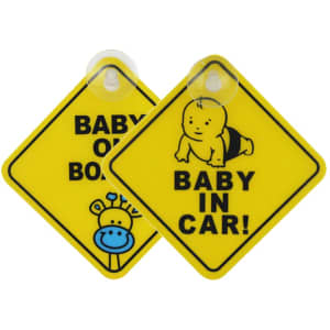 A yellow diamond-shaped sign with playful graphics, featuring a baby and a cartoon bee, designed for car windows.