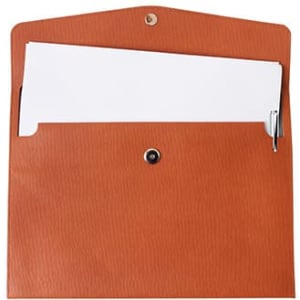 APU leather A4 file bag in brown, featuring a button closure and an interior pocket for documents.