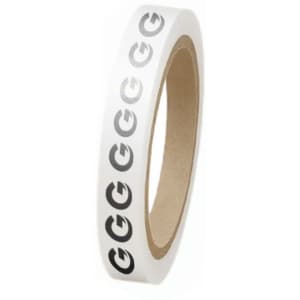 A roll of white BOPP packaging tape featuring a black logo pattern. The tape is cylindrical in shape.
