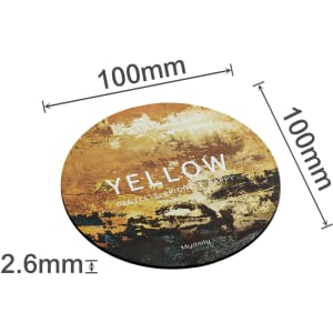 A round, yellow frosted metal coaster with an abstract design, measuring 100mm in diameter and 2.6mm thick.