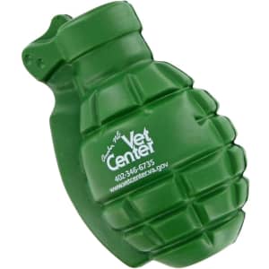 A green grenade-shaped stress reliever with a logo, featuring a textured design for grip.