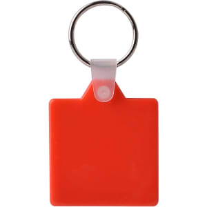 A red square hard plastic keyring with a silver metal ring attachment.