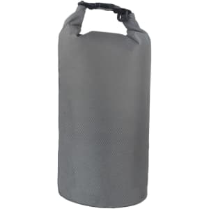 A grey Oxford cloth dry bag with a clasped handle at the top, featuring a textured surface.