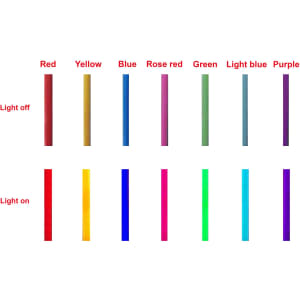 A collection of vibrant neon colours displayed with lights off and on, including red, yellow, blue, green, and purple.