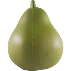 A green pear-shaped stress reliever with a smooth surface and a slight sheen, featuring a central seam.