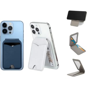 A PU magnetic card holder with mirror, available in navy and white, attached to a smartphone. Features a compact design.