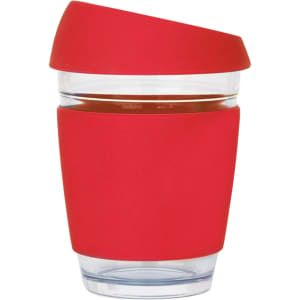 A reusable glass coffee cup featuring a red silicone sleeve and lid, with a transparent glass body.