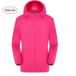 A rose red unisex jacket made of 100% polyester, featuring a hood and sun protection. It includes a logo.