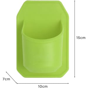 A green silicone shower stubby holder with a cup-shaped design and dimensions of 15cm by 10cm.