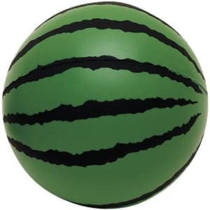 A green watermelon-shaped stress reliever with black stripes, featuring a smooth, rounded surface.