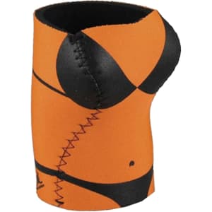 A drink bottle holder in orange with a black bikini design and stitching detail. It features a branding logo.