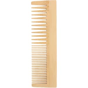 A bamboo comb in a natural wood finish, featuring wide and fine teeth for versatile styling.