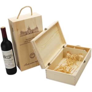 A wooden wine box with a handle, featuring one compartment and straw filling, alongside a wine bottle.