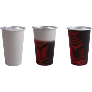 A set of three aluminium cups in white, gradient grey, and black with red linear patterns. Each cup has a metallic finish.