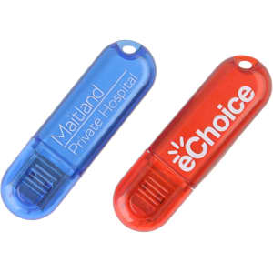 Two flash drives, one blue and one red, featuring logos on their cases.