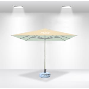 A yellow and green commercial market umbrella with a sturdy base and a central pole, featuring a logo on the canopy.