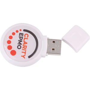 A round domed white flash drive with a removable cap and a logo, featuring red and black design elements.