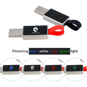 A flash drive with a silver body, a coloured loop, and a logo, featuring flickering blue, white, red, and green lights.