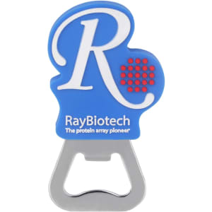 A drink bottle opener in a custom blue PVC shape with a silver metal base and a logo on the surface.