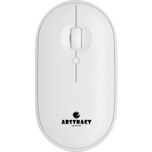 A white wireless travel mouse featuring a logo on its base. The design is sleek and compact for portability.