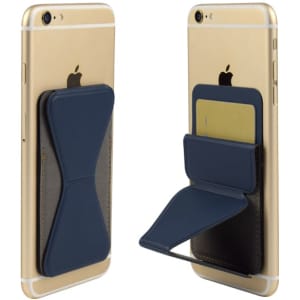 A navy PU phone stand card holder attached to a gold smartphone, with a card slot accessible on one side.